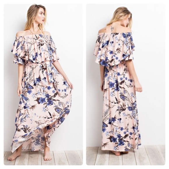 blush off the shoulder maxi dress